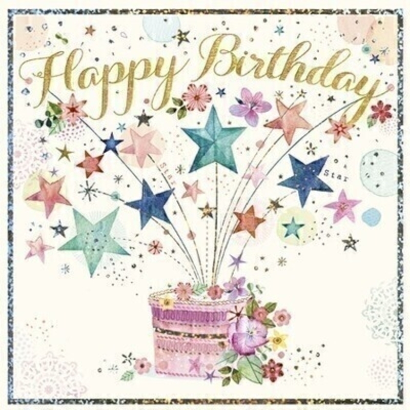 This Birthday greetings card from Paper Rose shows a floral birthday cake decorated with stars and confetti with Happy Birthday written on the front. The card is perfect to send to someone celebrating a birthday and it has Enjoy Your Special Day written on the inside. Comes complete with a pink envelope.